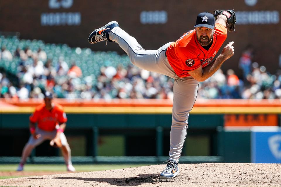 Houston Astros pitcher Justin Verlander (35) delivers a pitch against Detroit Tigers during the fourth inning at Comerica Park in Detroit on Sunday, May 12, 2024.