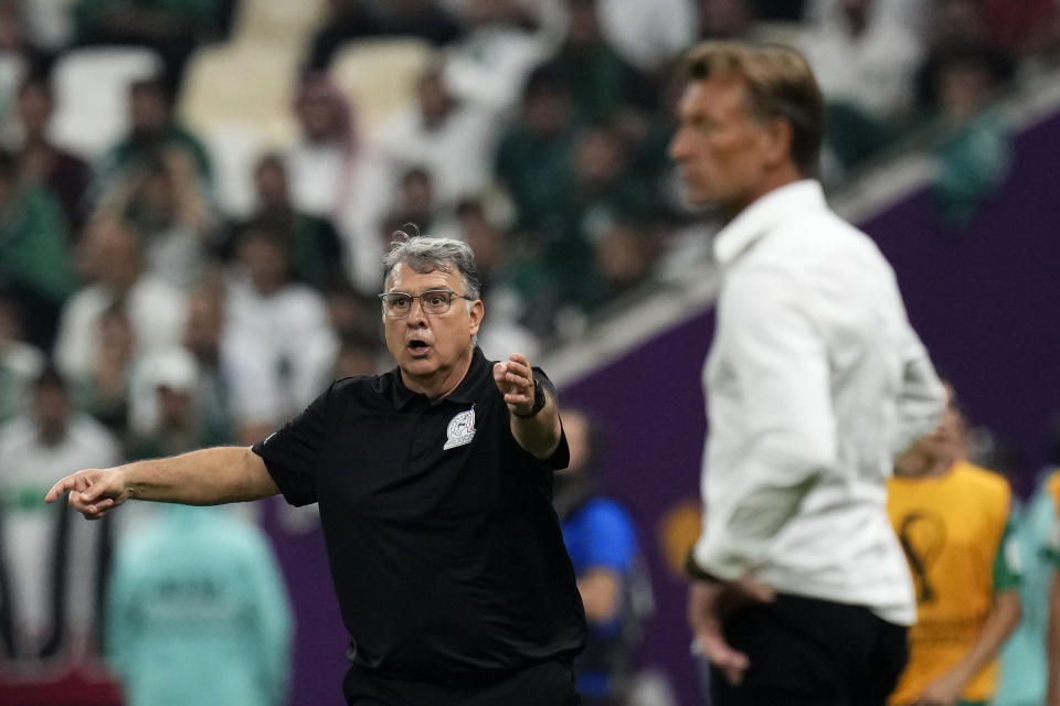 Mexico's head coach Gerardo Martino gestures during the World Cup group C soccer match between Saudi Arabia and Mexico, at the Lusail Stadium in Lusail, Qatar, Wednesday, Nov. 30, 2022. (AP Photo/Manu Fernandez)