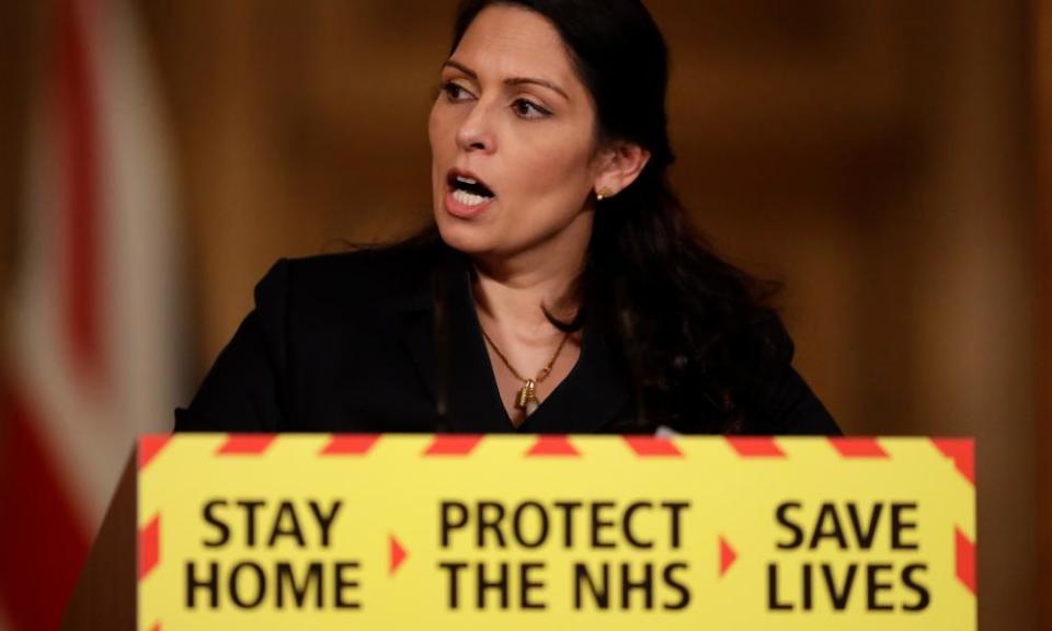 Priti Patel speaks during a media briefing on the pandemic