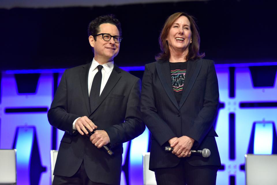 J.J. Abrams and Kathleen Kennedy participate in the "Star Wars: The Rise of Skywalker" panel at Star Wars Celebration.