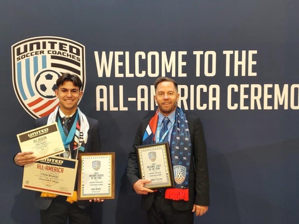 Oxnard College sophomore Odin Rosten (left) and head coach Ross Greaney attended the United Soccer Coaches convention in Philadelphia last weekend to accept their national awards. Rosten was named Junior College Division III National Player of the Year. Greaney accepted the award for Coaching Staff of the Year.