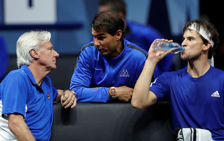 Tennis - Laver Cup - 1st Day - Prague, Czech Republic - September 22, 2017 - Bjorn Borg, Rafael Nadal and Dominic Thiem of team Europe speak during the match. REUTERS/David W Cerny