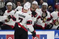 Ottawa Senators left wing Brady Tkachuk (7) celebrates with the bench after his goal against the Tampa Bay Lightning during the first period of an NHL hockey game Thursday, April 11, 2024, in Tampa, Fla. (AP Photo/Chris O'Meara)