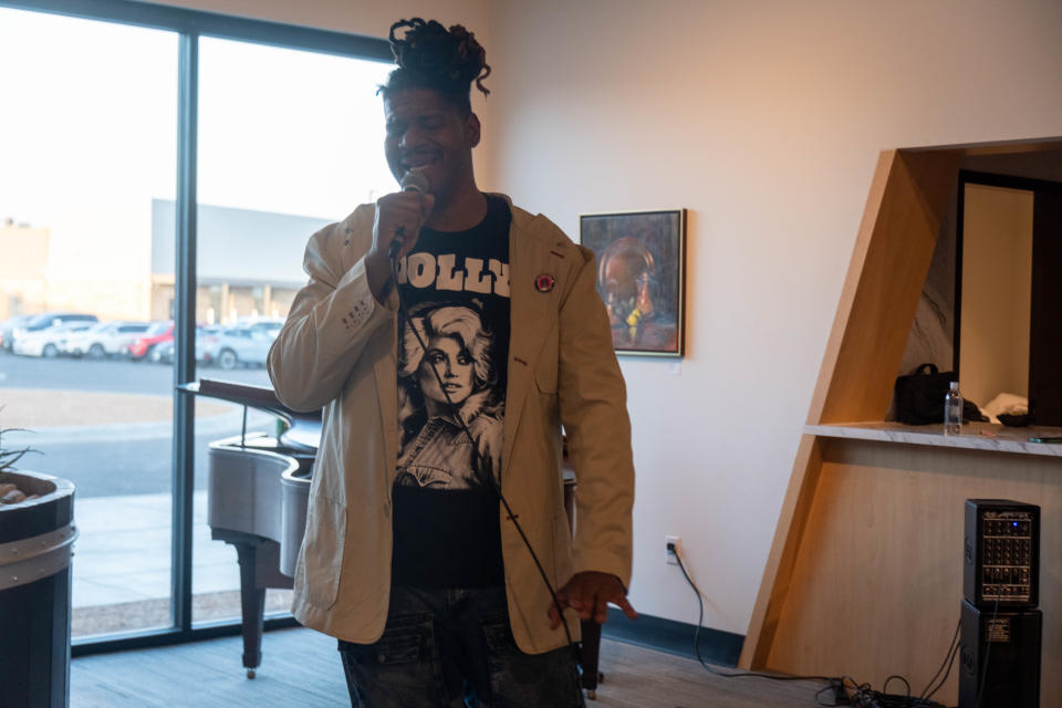 Devlon Jones, an Amarillo singer, performs at the "Music Friendly Texas Community" ceremony Monday at Arts in the Sunset in Amarillo.