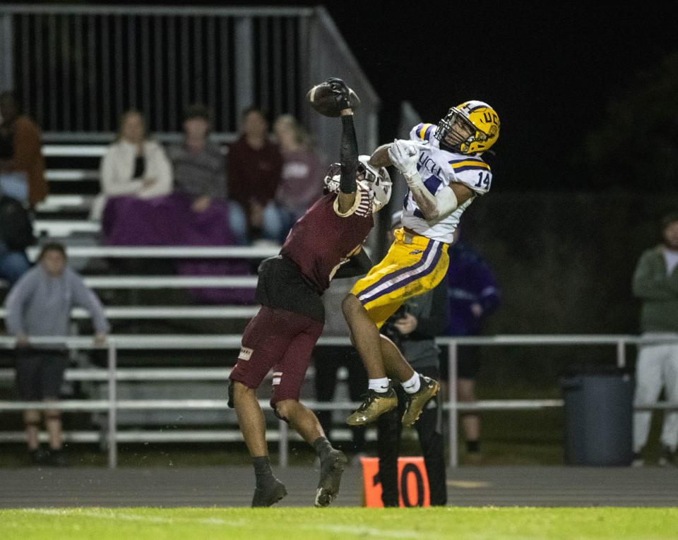 Maliki Haynes (1) ices the Chief's 21-11 victory by intercepting the pass in the closing moments of the fourth quarter during the Union County vs Northview Class 1-1R State Semifinal playoff football game at Northview High School in Bratt, Florida on Friday, Dec. 2, 2022.