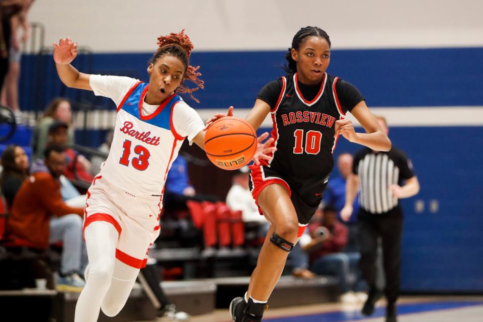 Bartlett’s Zoey Ritter (13) knocks the ball away from Rossview’s Torri James (10) during the sectional game between Rossview High School and Bartlett at Bartlett High School in Bartlett, Tenn., on Saturday, March 2, 2024. Bartlett defeated Rossview 60-23.