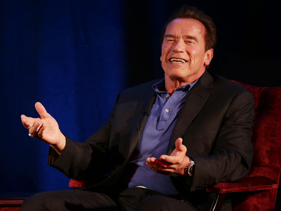 File photo dated 15/11/2014 of Arnold Schwarzenegger who has reassured fans after a video emerged showing him being drop-kicked in the back during an event in South Africa.