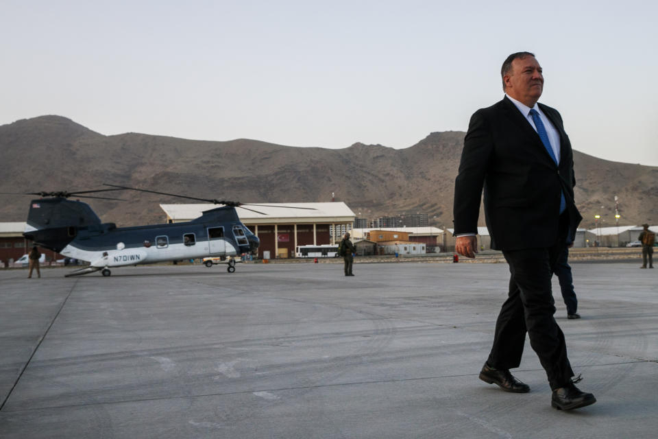 Secretary of State Mike Pompeo walks from a helicopter to return to his plane, Tuesday, June 25, 2019, at the end of an unannounced visit to Kabul, Afghanistan. He is expected to head next to New Delhi, India. (AP Photo/Jacquelyn Martin, Pool)