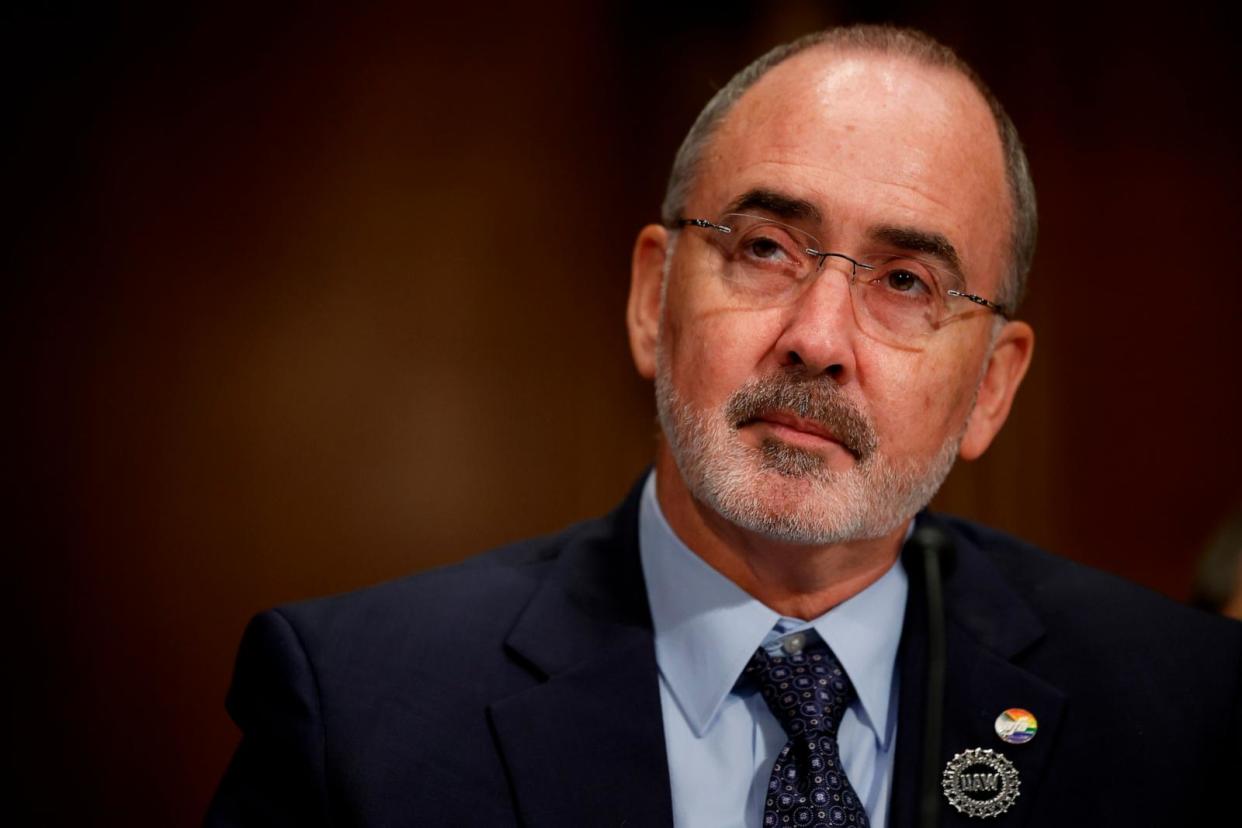 PHOTO: United Auto Workers President Shawn Fain testifies about the toll of working hours on laborers before the Senate Senate Health, Education, Labor, and Pensions Committee in Washington, D.C., March 14, 2024. (Chip Somodevilla/Getty Images)