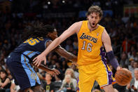 LOS ANGELES, CA - MAY 12: Pau Gasol #16 of the Los Angeles Lakers drives on Kenneth Faried #35 of the Denver Nuggets in the first quarter in Game Seven of the Western Conference Quarterfinals in the 2012 NBA Playoffs on May 12, 2012 at Staples Center in Los Angeles, California. NOTE TO USER: User expressly acknowledges and agrees that, by downloading and or using this photograph, User is consenting to the terms and conditions of the Getty Images License Agreement. (Photo by Harry How/Getty Images)