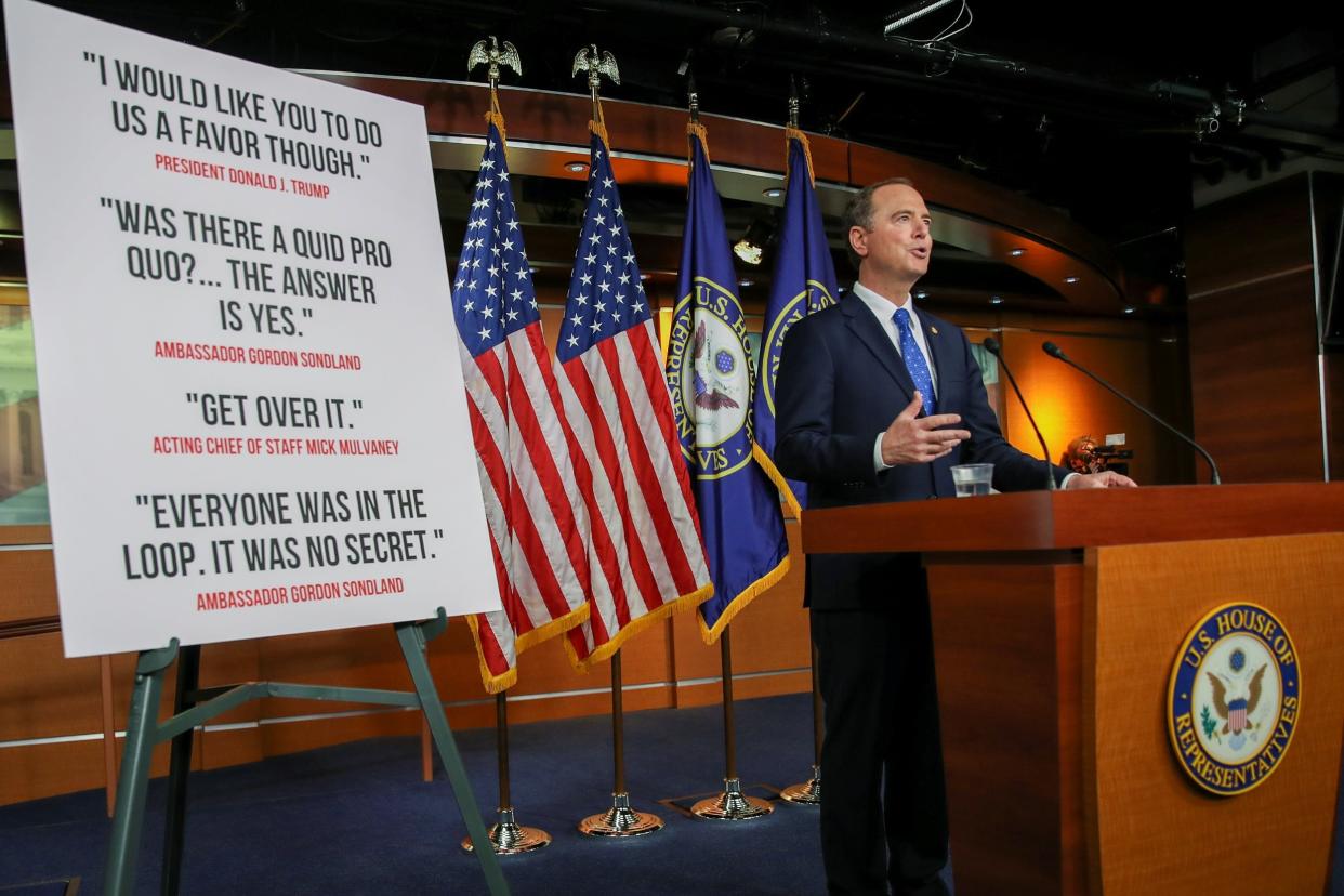 Adam Schiff, Democratic chair of the House Intelligence Committee, speaks to reporters about the release of an official report on the impeachment inquiry into Donald Trump: Reuters