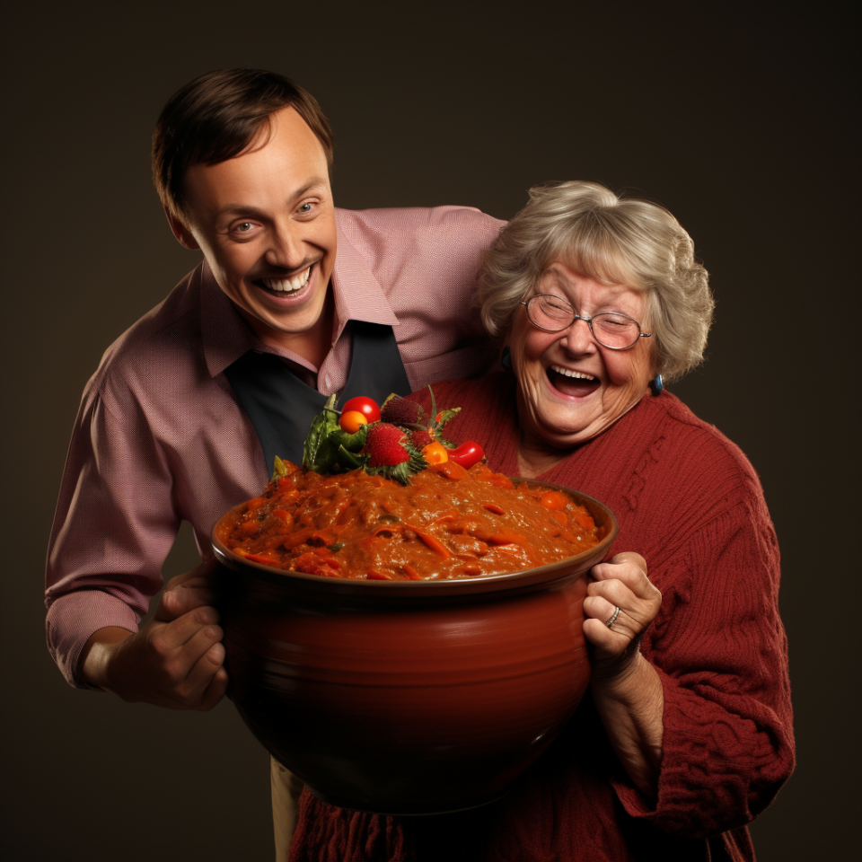 A smiling man and a smiling older woman hold an enormous pot of stew