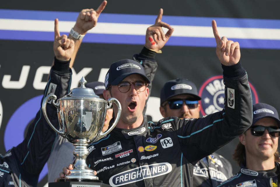 Austin Cindric celebrates after winning a NASCAR Cup Series auto race at World Wide Technology Raceway Sunday, June 2, 2024, in Madison, Ill. (AP Photo/Jeff Roberson)