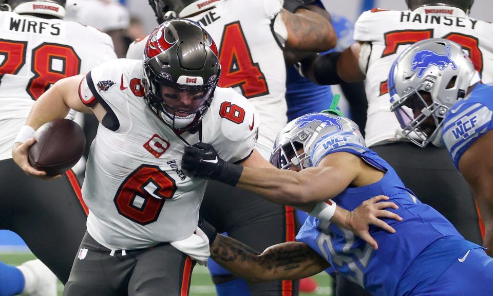 Detroit Lions safety Brian Branch sacks Tampa Bay Buccaneers quarterback Baker Mayfield during the first half against the Tampa Bay Buccaneers in the NFC Divisional Playoff at Ford Field in Detroit on Sunday, Jan. 21 2024.