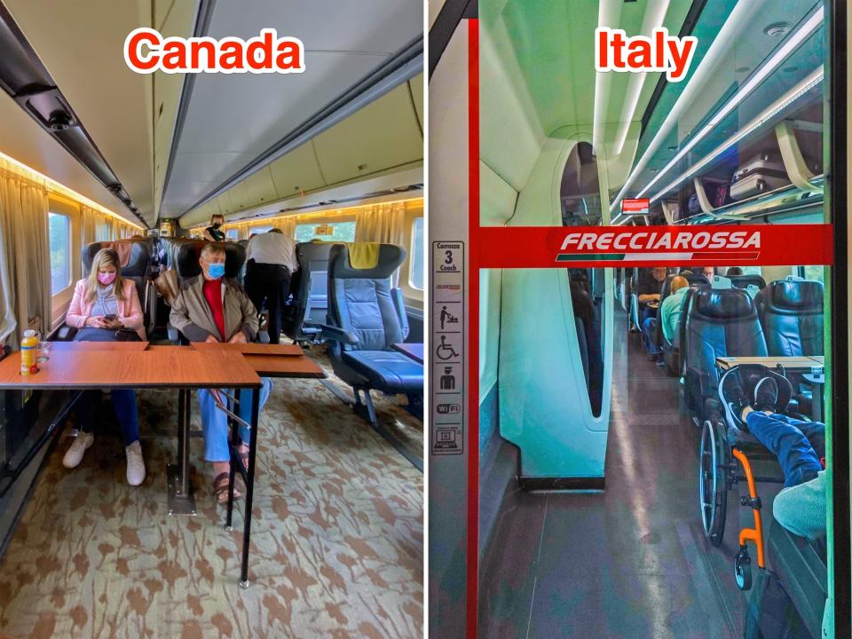 Business-class train cars in Canada (L) and Europe (R).