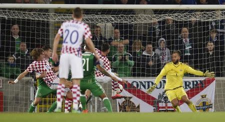 Britain Football Soccer - Northern Ireland v Croatia - International Friendly - Windsor Park, Belfast, Northern Ireland - 15/11/16 Croatia's Duje Cop scores their second goal Reuters / Clodagh Kilcoyne Livepic