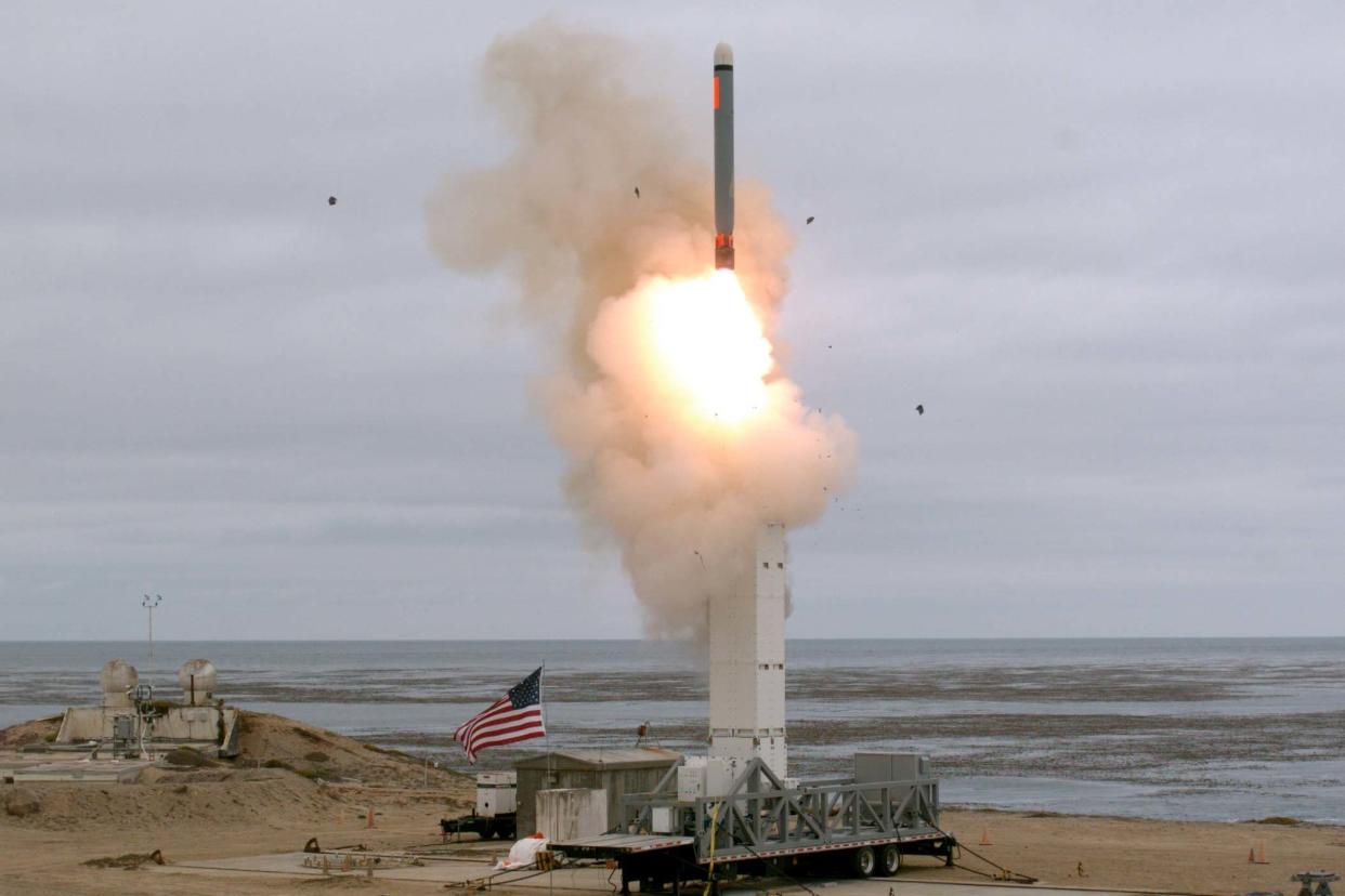 A conventionally configured ground-launched cruise missile is launched by the U.S. Department of Defense (DOD) during a test to inform development of future intermediate-range capabilities at San Nicolas Island: Reuters