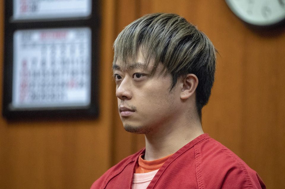 Ryoichi Fuseya, charged with murder in the death of his girlfriend, appears at his arraignment in court in San Jose, Calif., Friday, Feb. 21, 2020. Fuseya was arraigned Friday in the alleged fatal stabbing of his girlfriend at the Airbnb rental home they shared in the San Francisco Bay Area, then leaving in her car with all of his belongings. (Karl Mondon/Bay Area News Group via AP, Pool)