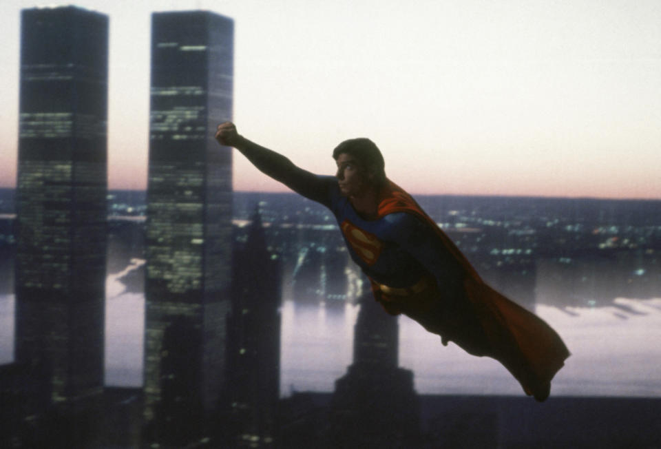 Superman The Movie Christopher Reeve flying in front of The Twin Towers World Trade Center, New York in a publicity pose for the 1978 movie. (Photo by Screen Archives/Getty Images)