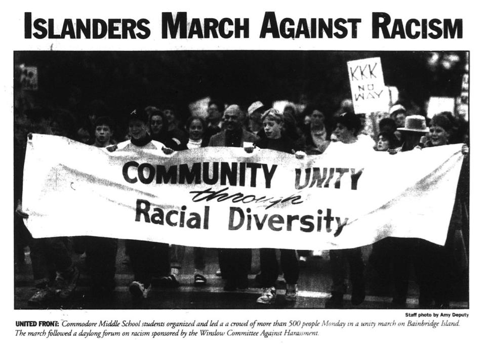 A spread showing coverage of a community unity march on Bainbridge Island in the Nov. 12, 1991 edition of the Bremerton Sun.