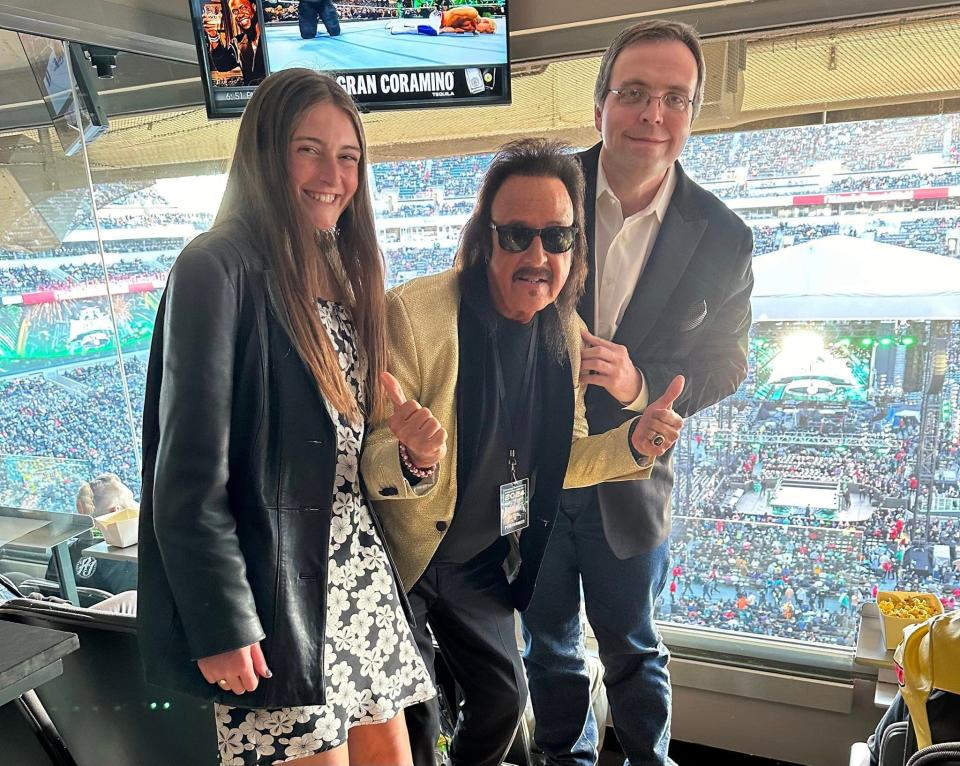 Scott Spears, right, visited with Kerrington Nelson and Jimmy Hart in the luxury box at Wrestlemania 40.