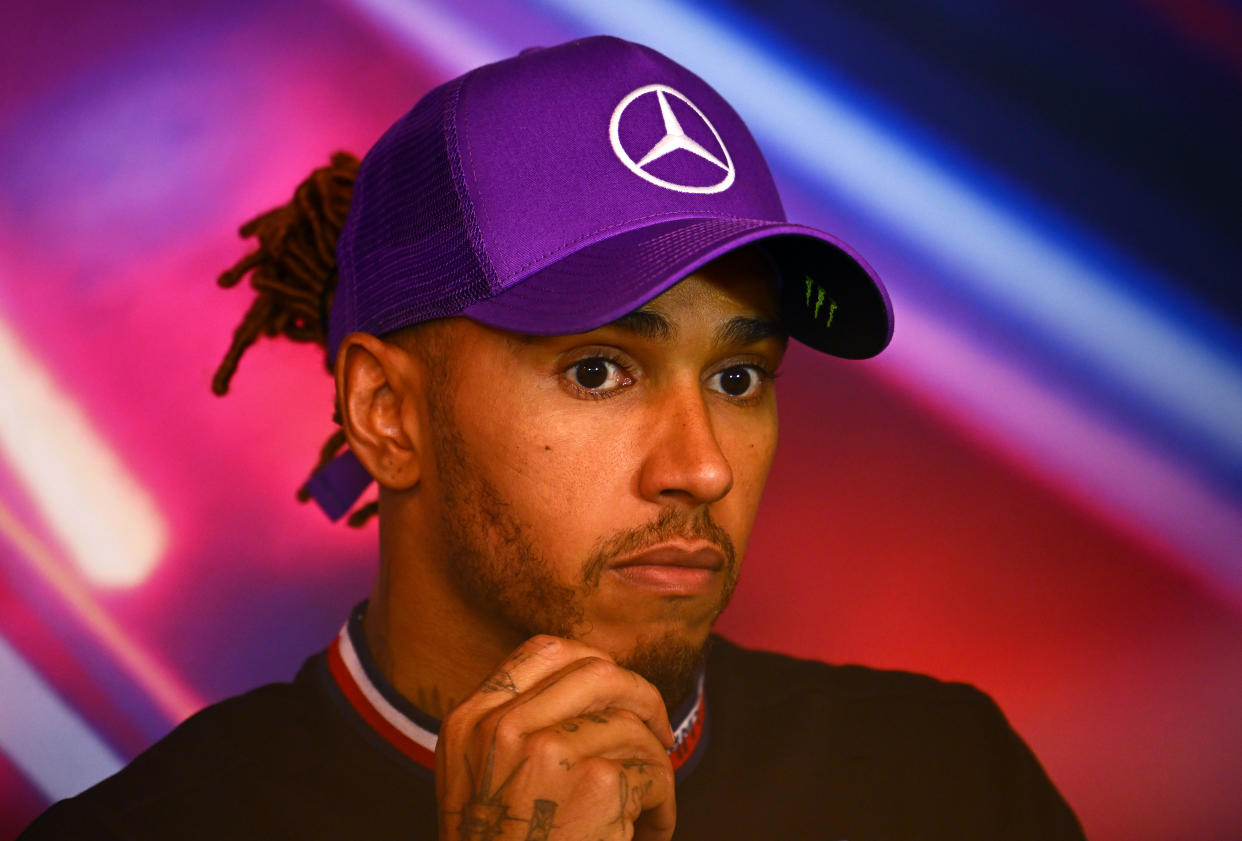 MONTREAL, QUEBEC - JUNE 19: Third placed Lewis Hamilton of Great Britain and Mercedes attends the press conference after the F1 Grand Prix of Canada at Circuit Gilles Villeneuve on June 19, 2022 in Montreal, Quebec. (Photo by Clive Mason/Getty Images)