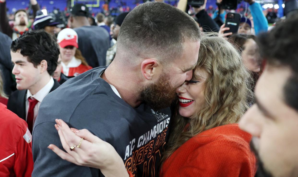 BALTIMORE, MARYLAND - JANUARY 28: Travis Kelce #87 of the Kansas City Chiefs celebrates with Taylor Swift after a 17-10 victory against the Baltimore Ravens in the AFC Championship Game at M&T Bank Stadium on January 28, 2024 in Baltimore, Maryland. (Photo by Patrick Smith/Getty Images) ORG XMIT: 776080236 ORIG FILE ID: 1968510748