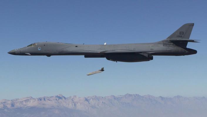 A Long-Range Anti-Ship Missile launches from a U.S. Air Force B-1B Lancer during flight testing. (U.S. Defense Advanced Research Projects Agency)