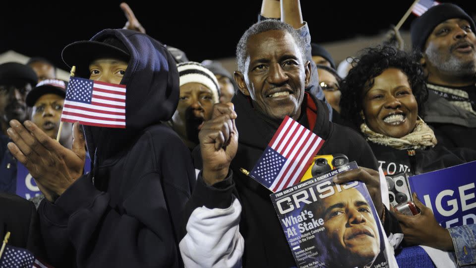 US Democratic presidential candidate Illinois Senator Barack Obama supporters at a rally at Harbor Park in Norfolk, Virginia, October 28, 2008. Many Black Americans greeted his election with astonished joy. - Emmanuel Dunand/AFP/Getty Images