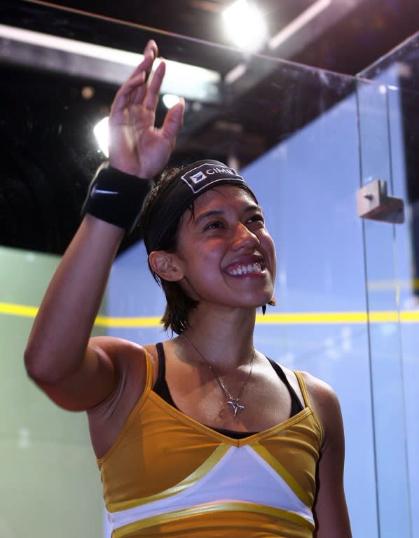 Nicol David of Malaysia celebrates beating Jenny Duncalf of England in the women's final of the British Open squash tournament, in Liverpool, in 2008