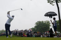 Scottie Scheffler hits his tee shot on the 12th hole during the second round of the PGA Championship golf tournament at the Valhalla Golf Club, Friday, May 17, 2024, in Louisville, Ky. (AP Photo/Jeff Roberson)