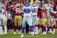 Dallas Cowboys linebacker Leighton Vander Esch (55) celebrates during the second half of an NFL divisional round playoff football game against the San Francisco 49ers in Santa Clara, Calif., Sunday, Jan. 22, 2023. (AP Photo/Tony Avelar)