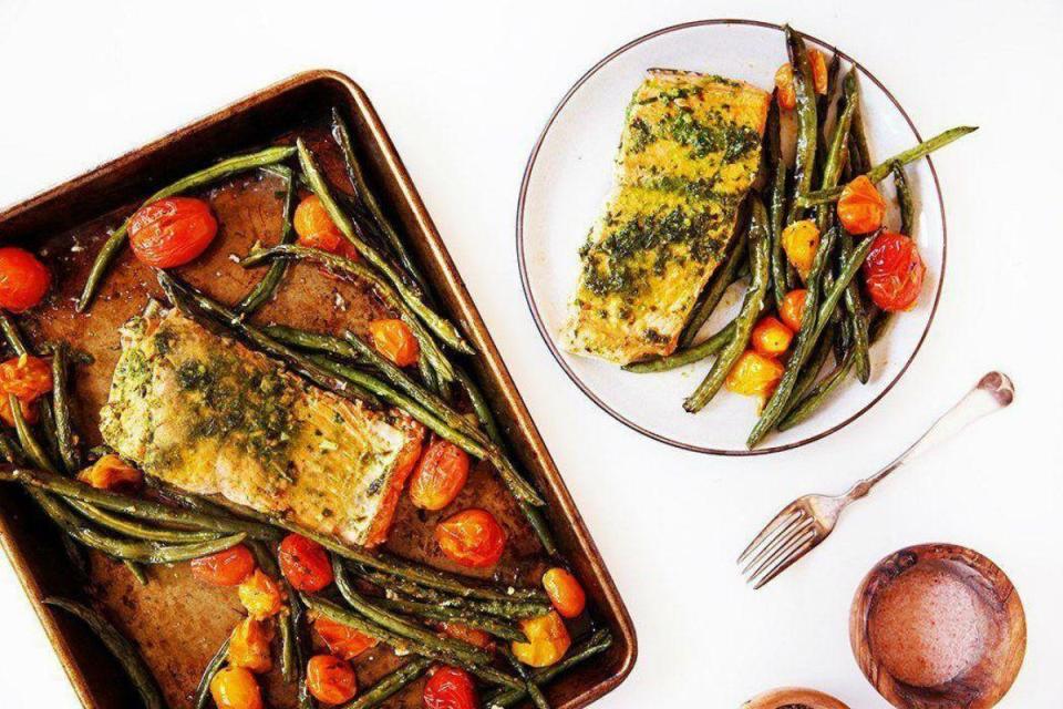 Herb Butter Salmon With Blistered Tomatoes and Green Beans