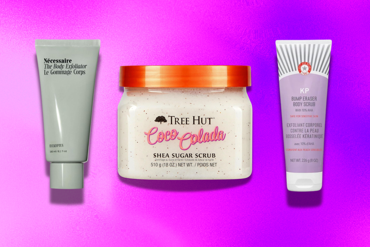 An image of body scrubs by Nécessaire, Tree Hut and First Aid Beauty.