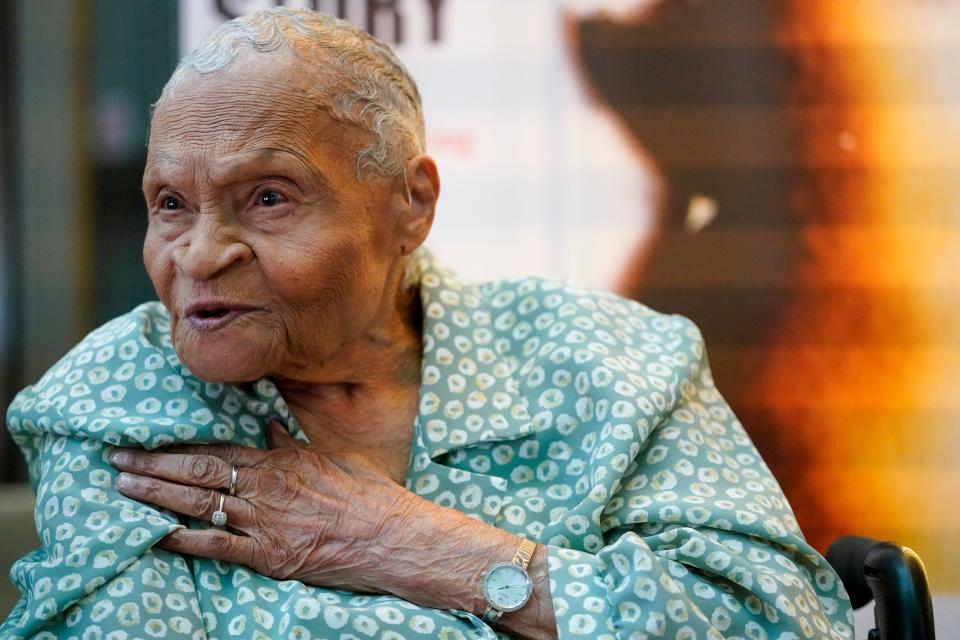 Tulsa Race Massacre survivor Viola Ford Fletcher gestures while speaking during an interview with The Associated Press, Friday, June 16, 2023, in New York.  At age 109, Fletcher is releasing a memoir about the life she lived in the shadow of the massacre after a white mob laid waste to the once-thriving Black enclave known as Greenwood. “Don't Let Them Bury My Story” is published Tuesday, July 4, and becomes widely available for purchase on Aug. 15.