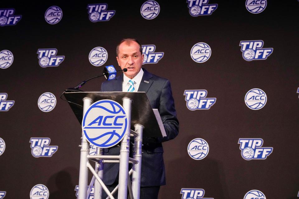 Oct 12, 2022; Charlotte, North Carolina, US; ACC commissioner James Phillips addresses the media during the ACC Men’s  Basketball Tip-Off in Charlotte, NC.  Mandatory Credit: Jim Dedmon-USA TODAY Sports