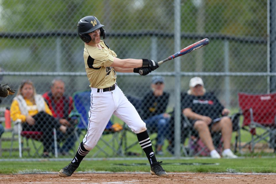 Windham’s Dylan McCune hits the ball into play during a baseball game against the Bristol Panthers Sunday, May 7, 2023 in Windham.