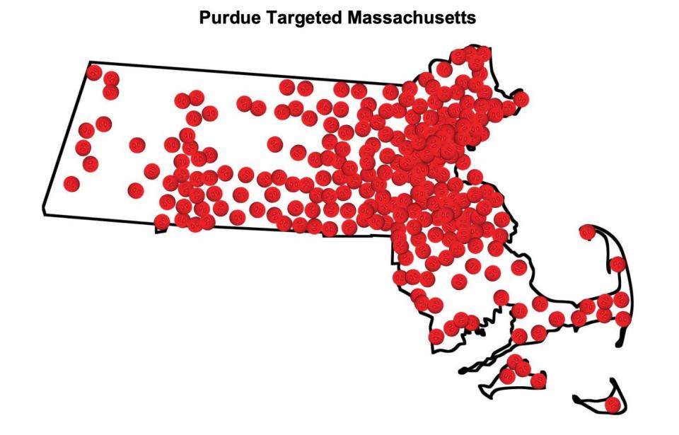 "The map below shows Massachusetts communities where Purdue promoted opioids since 2007," the lawsuit alleges. "Each dot represents a city or town where Purdue sales reps promoted opioids in Massachusetts." (Source: Massachusetts AGO Amended Complaint 2019-01-31)