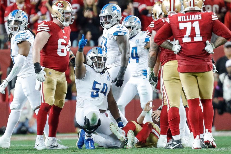 Lions defensive tackle Alim McNeill celebrates a play against the 49ers during the second half of the Lions' 34-31 loss in the NFC championship game in Santa Clara, California, on Sunday, Jan. 28, 2024.
