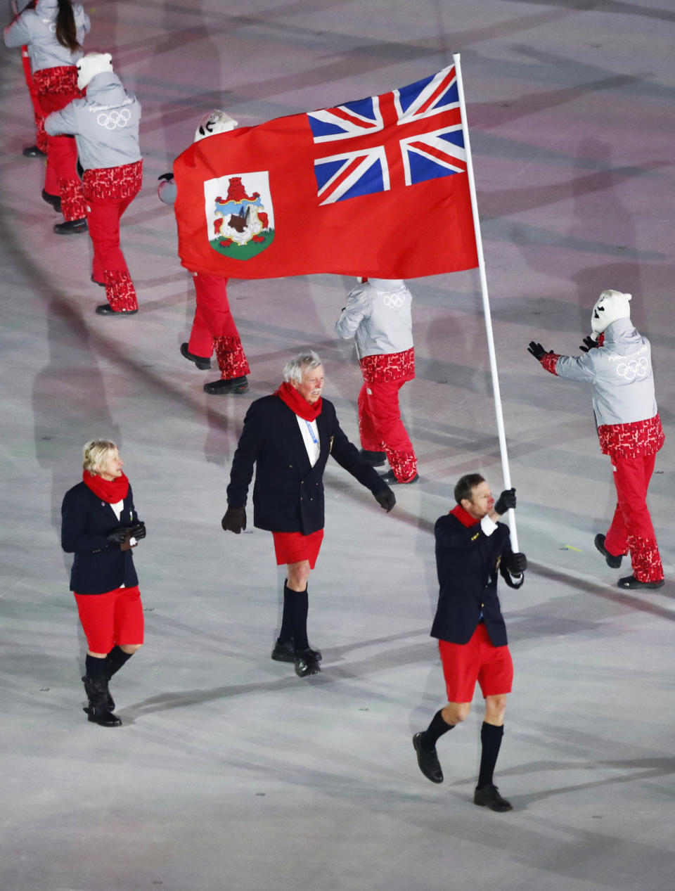 <p>Tucker Murphy carries the flag of Bermuda during the opening ceremony of the 2018 Winter Olympics in Pyeongchang, South Korea, Friday, Feb. 9, 2018. (AP Photo/Matthias Schrader) </p>