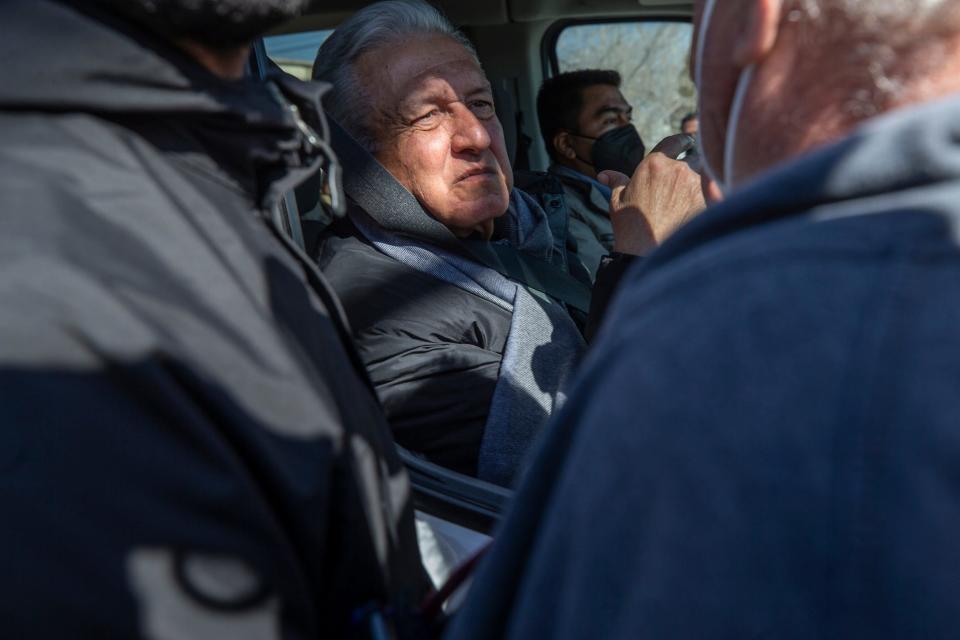 Mexican President Andrés Manuel López Obrador leaves a military base after giving a news conference in Juárez on Friday, Feb. 18, 2022. The Mexican president was visiting several cities on the northern border of Mexico to address security issues and economic development.