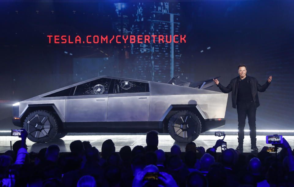 Tesla is up roughly 15% since CEO Elon Musk introduced the Cybertruck at Tesla's design studio in Hawthorne, California this November. (AP Photo/Ringo H.W. Chiu, File)