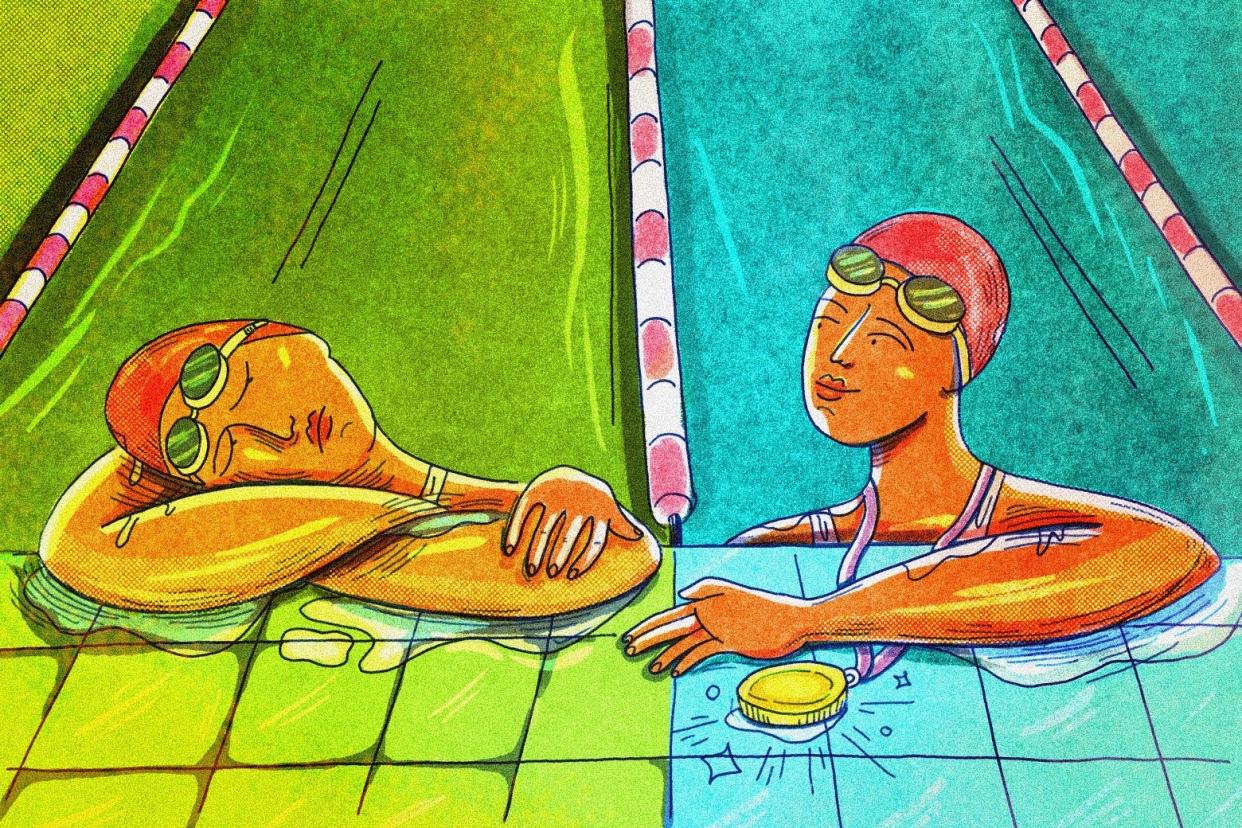 A bright illustration of two swimmers in the pool, one leaning tiredly on the side and the other comforting her and smiling. 