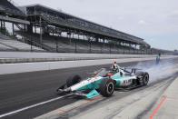 Dalton Kellett pulls out of the pits during a practice session for the Indianapolis 500 auto race at Indianapolis Motor Speedway, Thursday, Aug. 13, 2020, in Indianapolis. (AP Photo/Darron Cummings)