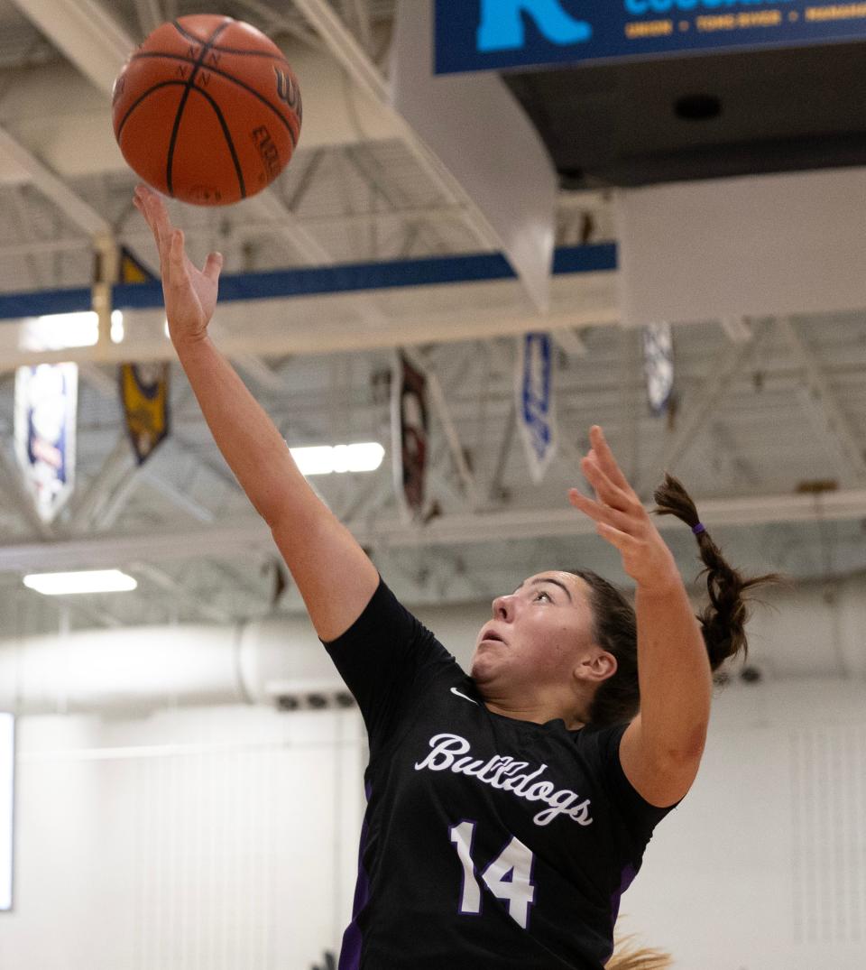 Rumson Ella Mason drives to the basket. Rumson-Fair Haven Girls basketball vs Point Pleasant Borough in 2023 WOBM Christmas Tournament opening round in Toms River on December 26, 2023.