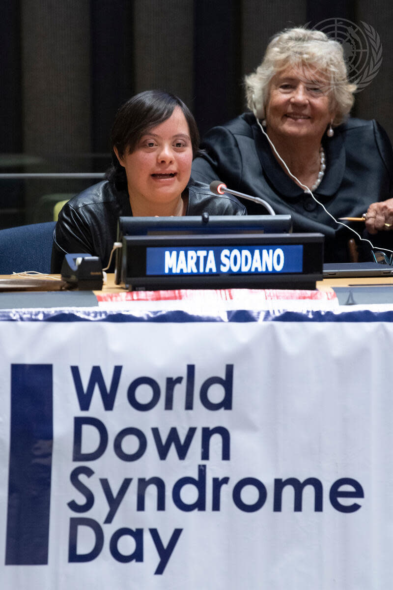 Marta Sodano, self-advocate for CoorDown Onlus Italy, makes remarks during the annual observance of World Down Syndrome Day in 2019. / Credit: UN Photo/Eskinder Debebe