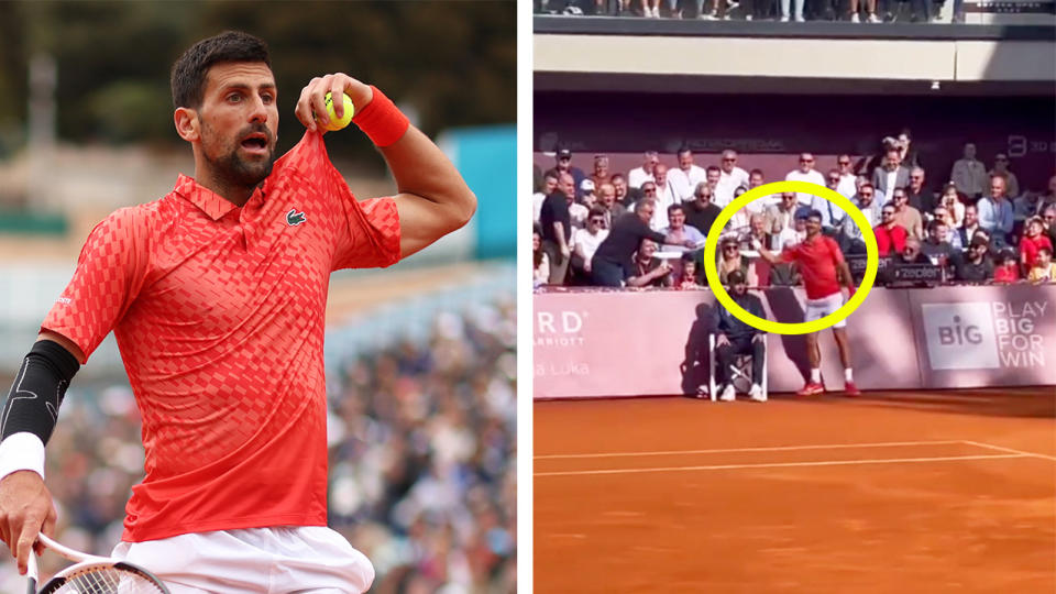 Novak Djokovic reacts during a match and Djokovic picking up his racquet.