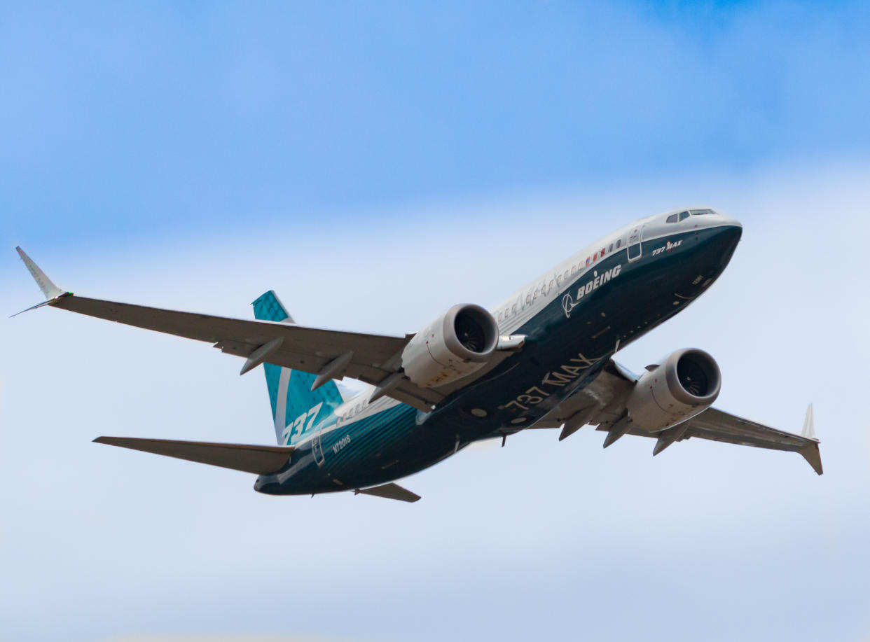 HAMPSHIRE, UK - JULY, 2018: The Boeing 737-Max passenger plane in-flight, before being grounded for safety reasons . July 18, 2018 Hampshire, England