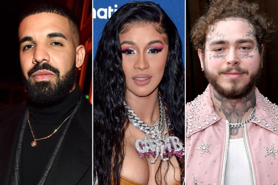 Drake, Cardi B, Post Malone | Kevin Mazur/VF18/WireImage; Aaron J. Thornton/Getty Images; Neilson Barnard/Getty Images for The Recording Academy