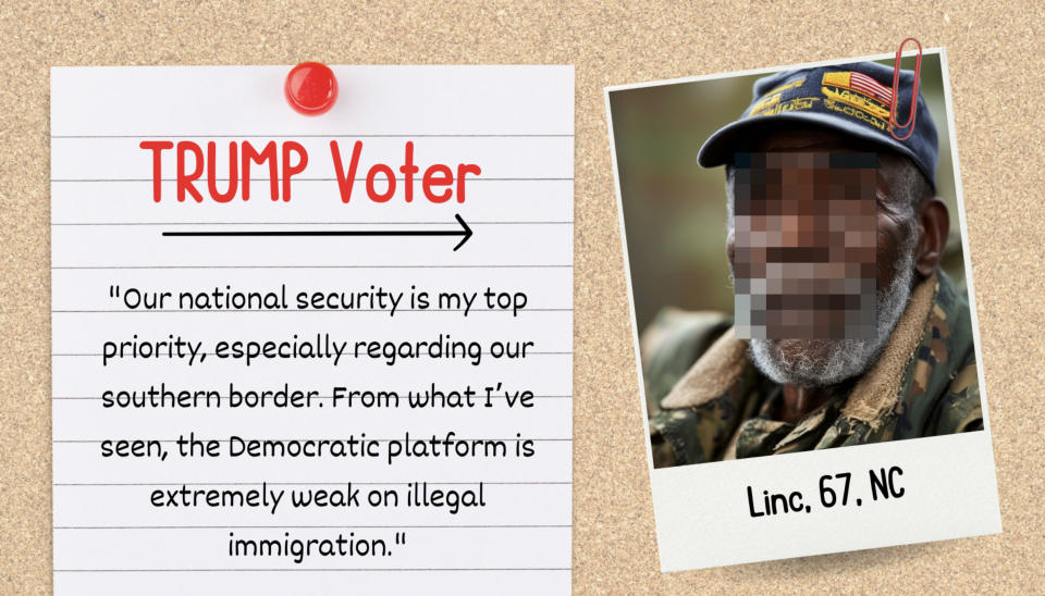 A message from Linc, 67, NC, reading: "Our national security is my top priority, especially regarding our southern border. From what I’ve seen, the Democratic platform is extremely weak on illegal immigration." The message is pinned to a corkboard